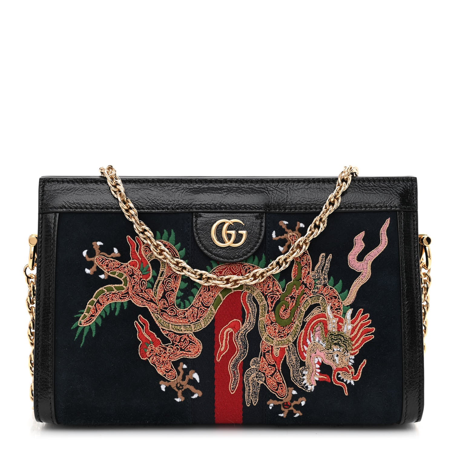 Gucci Suede Patent Web Dragon Embroidered Small Ophidia Chain Shoulder Bag Blue Black 1 of 10