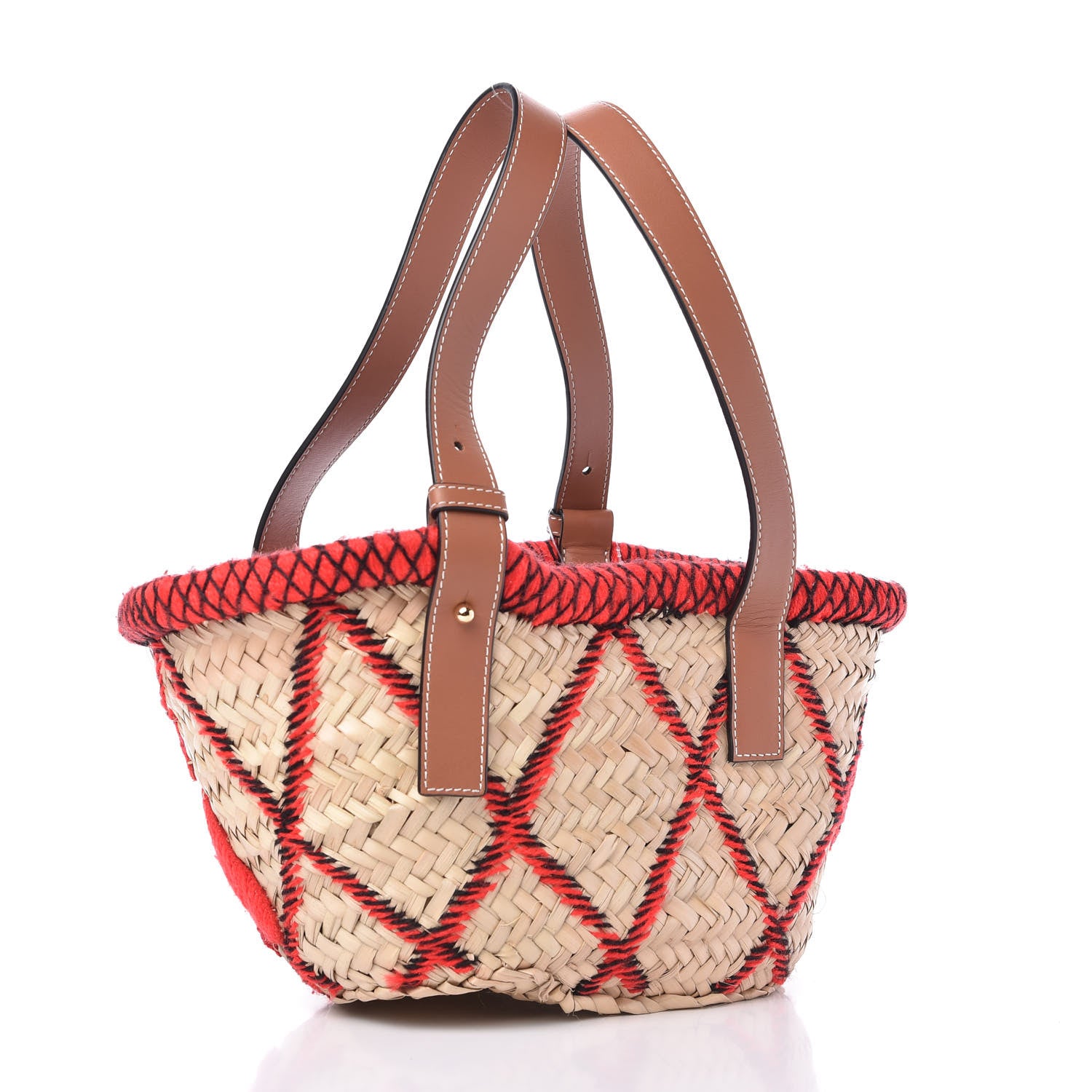 Loewe Embroidered Raffia Basket Tote Bag Natural Tan Red 3 of 11