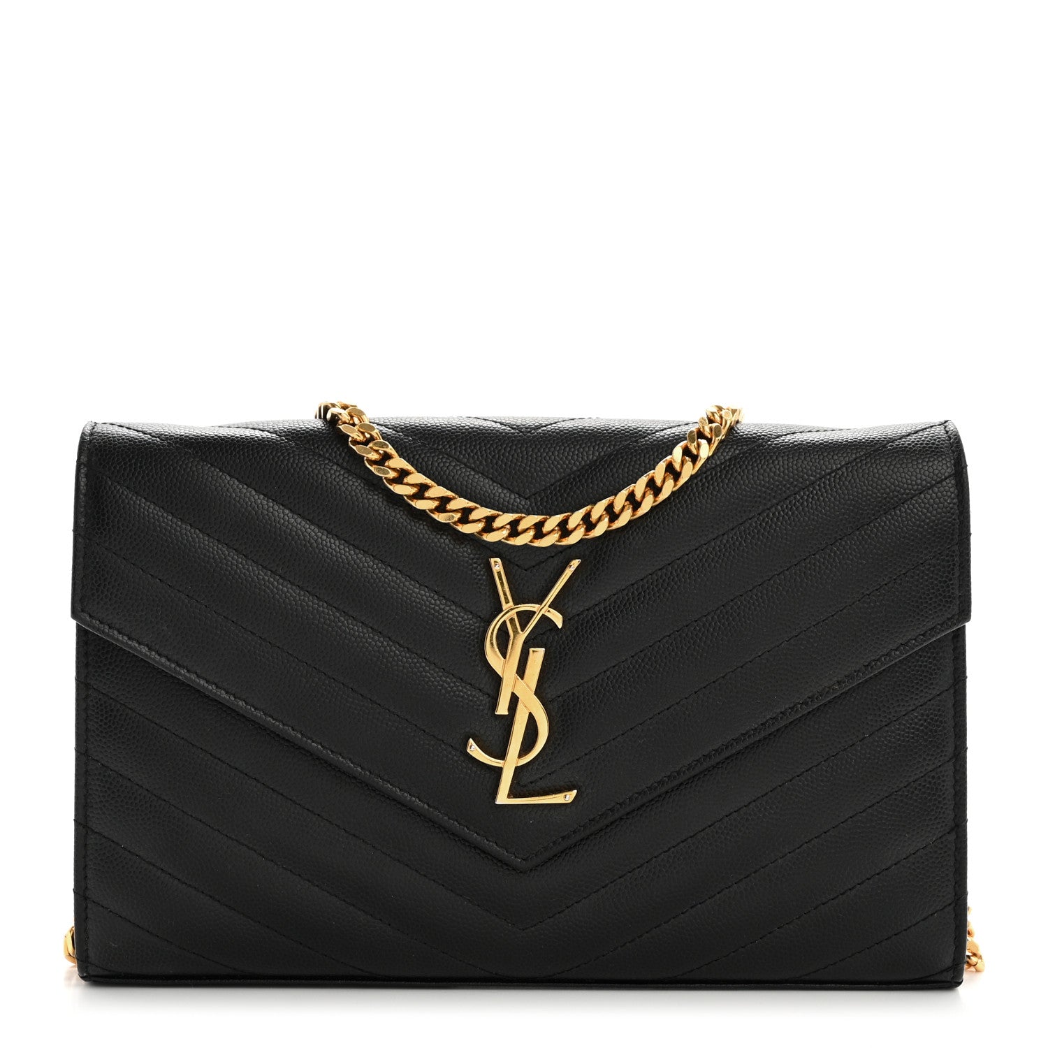 Saint Laurent Grain De Poudre Matelasse Chevron Monogram Chain Wallet Black 1 of 10
