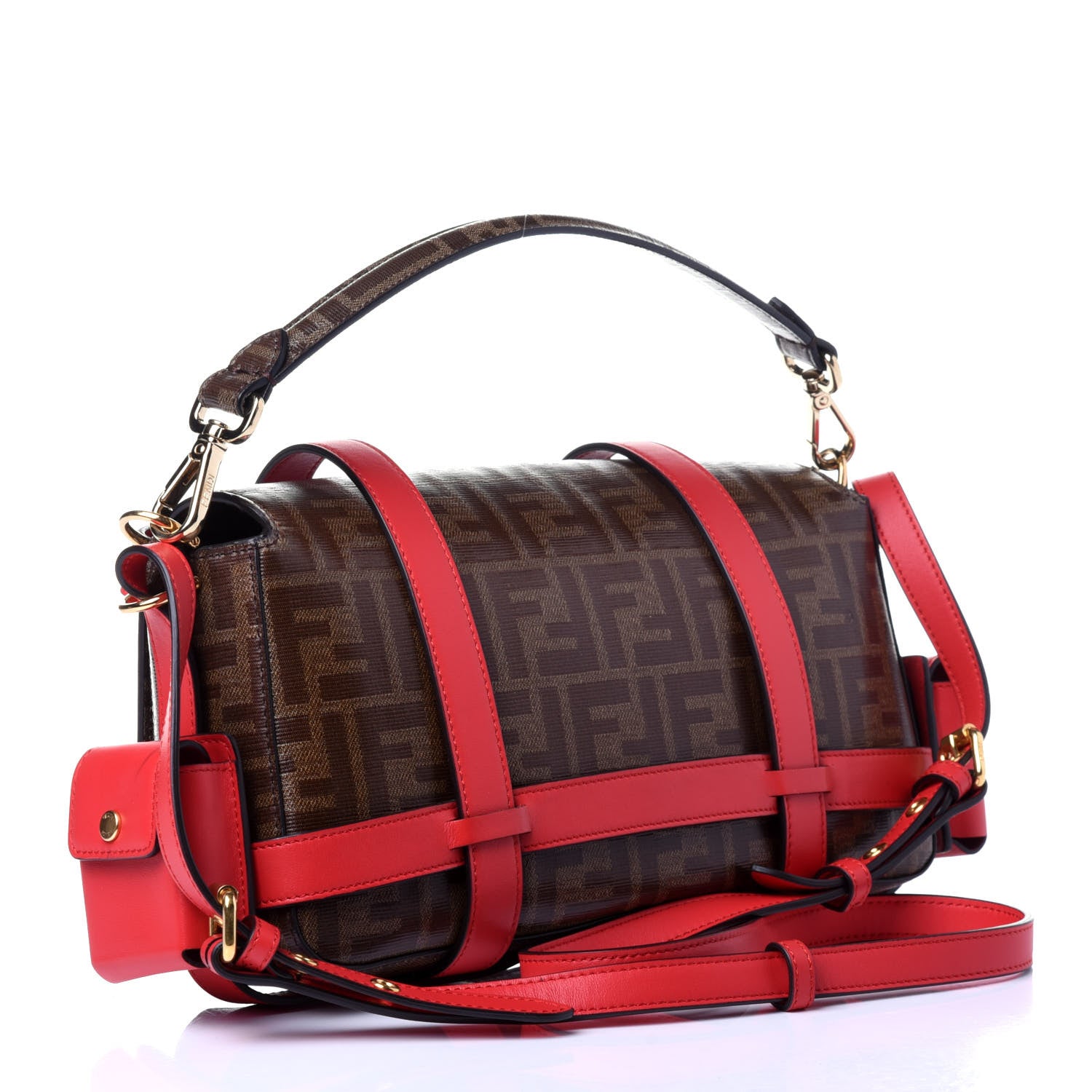Fendi Glazed Fabric Vitello Century FF 1974 Large Baguette Cage Mogano Panna Fragola 4 of 12