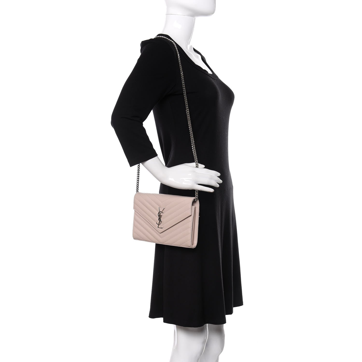 Saint Laurent Grain De Poudre Matelasse Chevron Monogram Chain Wallet Washed Light Pink 2 of 9