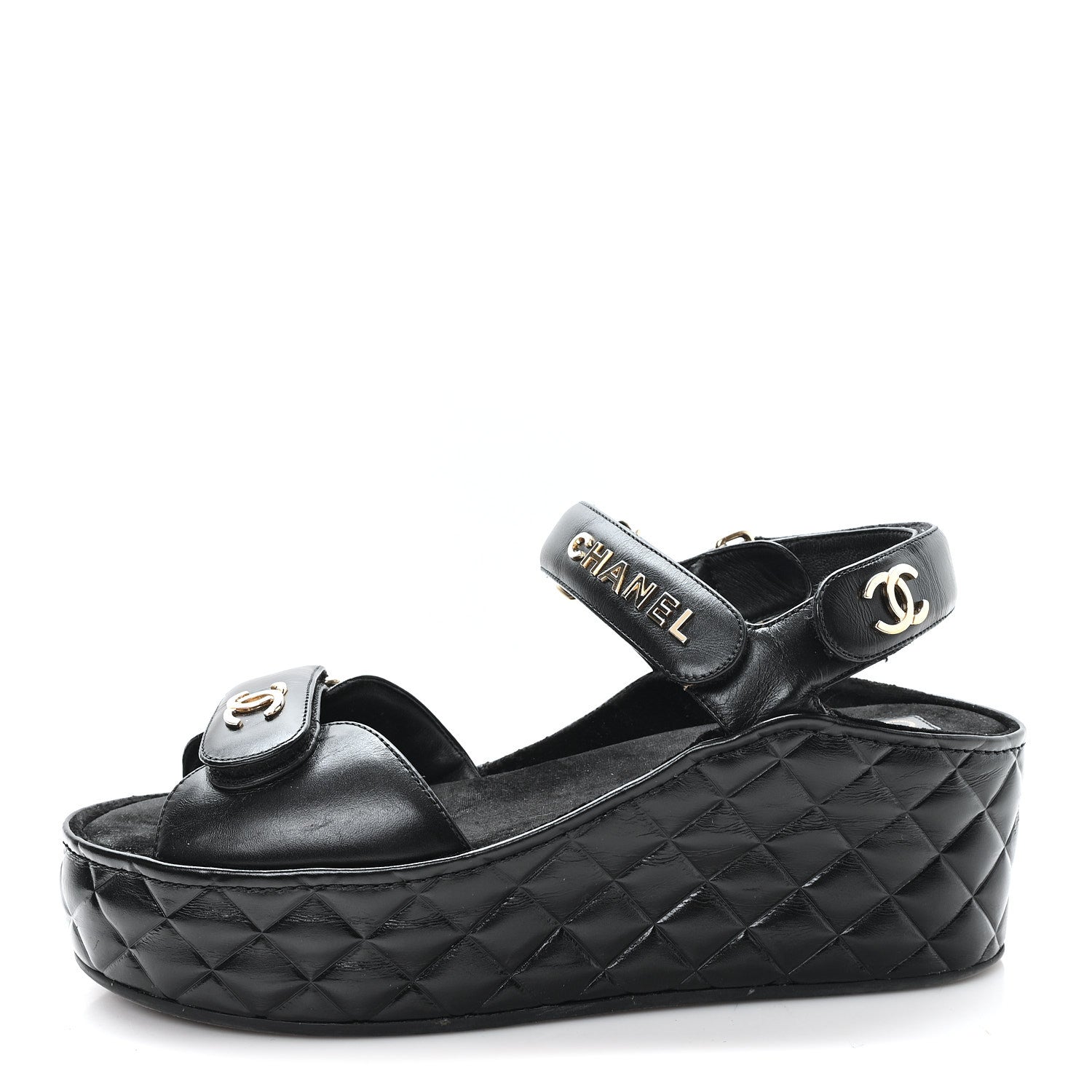 Chanel Shiny Calfskin Logo Platform Sandals 40 Black 1 of 10