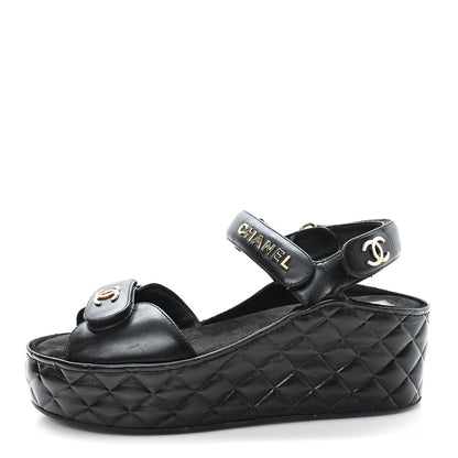 Chanel Shiny Calfskin Logo Platform Sandals 40 Black 1 of 10