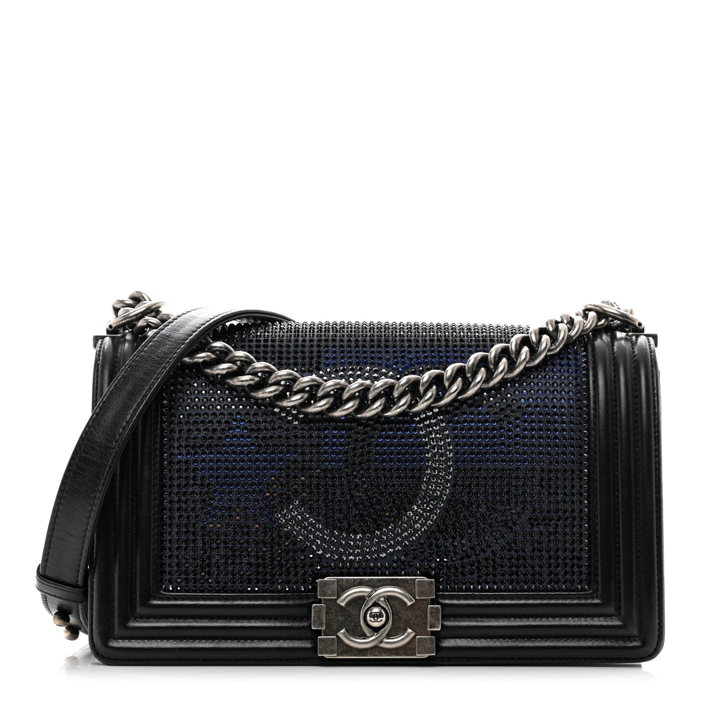 Iridescent Calfskin Quilted Strass Medium Paris Dallas Boy Flap Navy