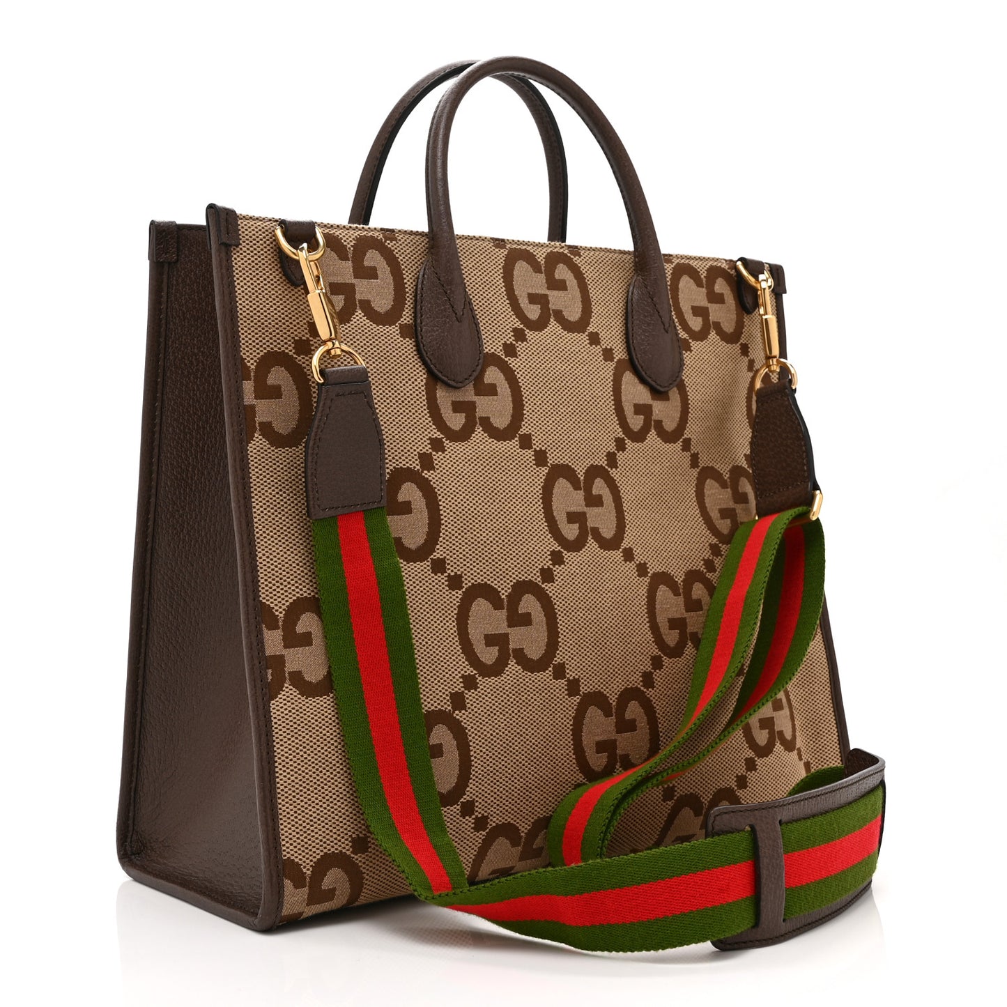 Monogram Jumbo GG Textured Dollar Calfskin Web Tote Bag Camel Ebony New Acero