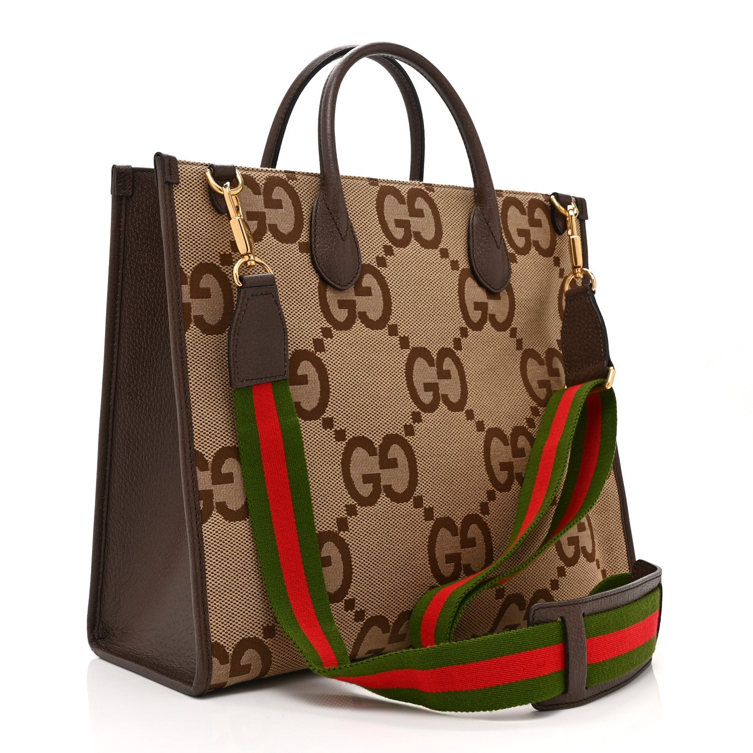Gucci Monogram Jumbo GG Textured Dollar Calfskin Web Tote Bag Camel Ebony New Acero 3 of 11