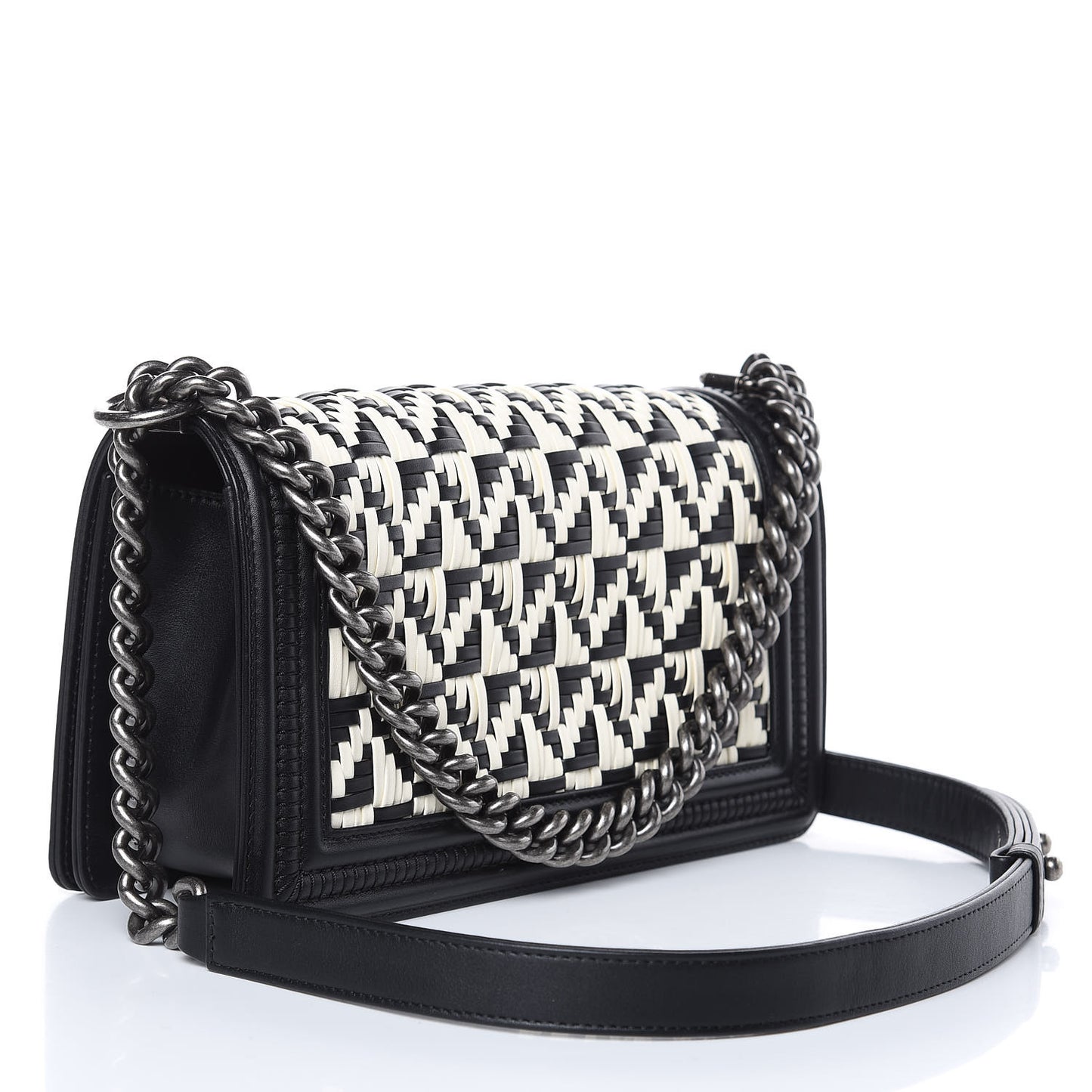 Calfskin Woven Medium Boy Flap Black White