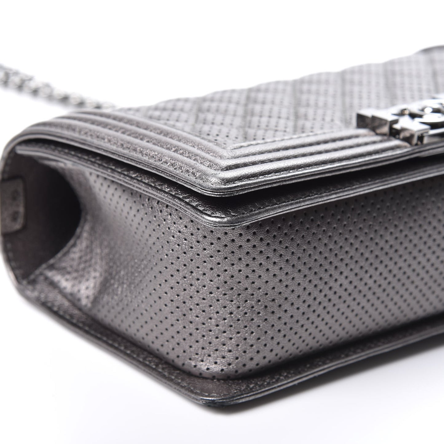 Metallic Lambskin Perforated Medium Boy Flap Dark Silver