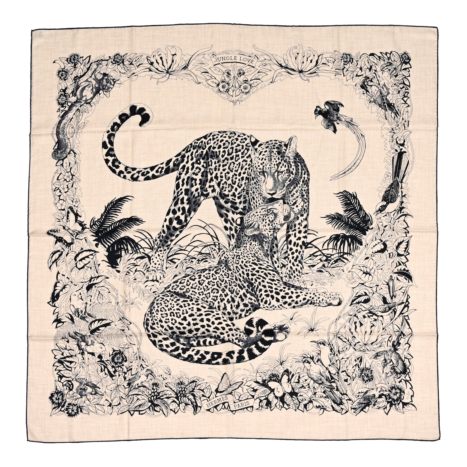 Hermes Cashmere Silk Jungle Love Tattoo Shawl 140 Natural Bleu Black 1 of 5