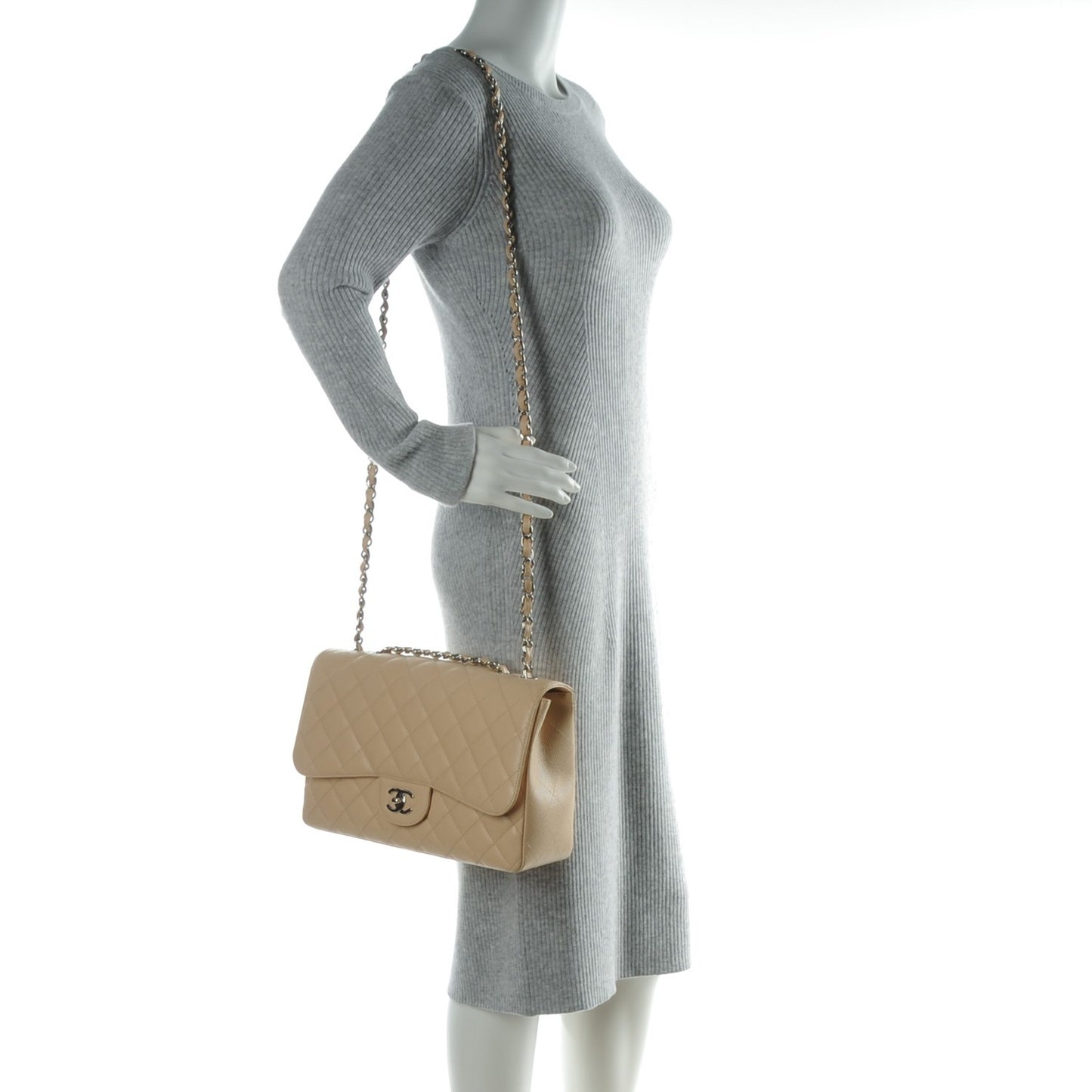 Caviar Quilted Jumbo Single Flap Beige Clair