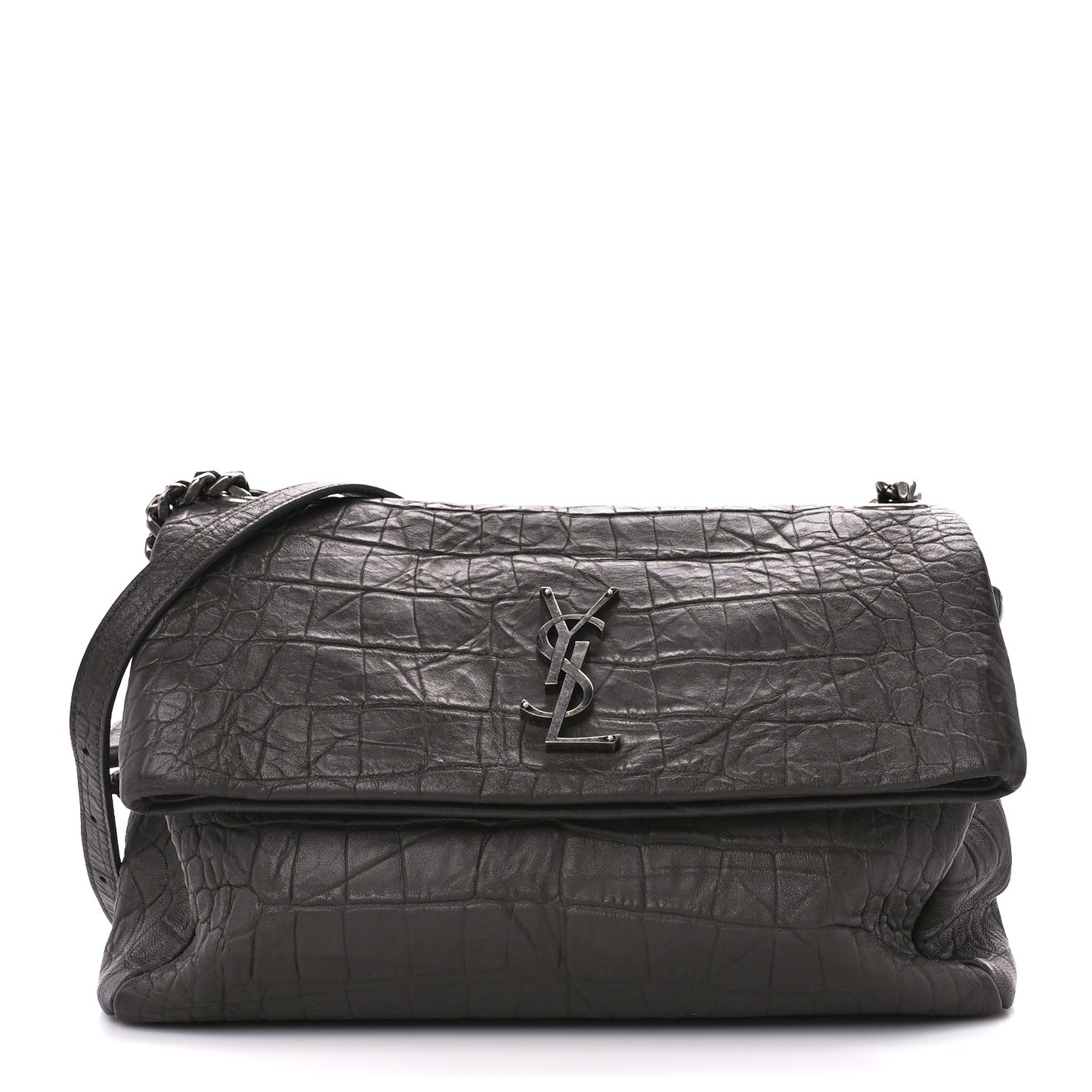 Calfskin Crocodile Embossed Medium West Hollywood Monogram Fold-Over Grey