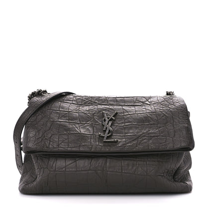 Saint Laurent Calfskin Crocodile Embossed Medium West Hollywood Monogram Fold-Over Grey 1 of 12