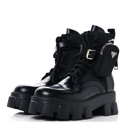 Prada Spazzolato Rois Nylon Metal Triangle Logo Monolith Pouch Pocket 55mm Boots 38.5 Black 4 of 9
