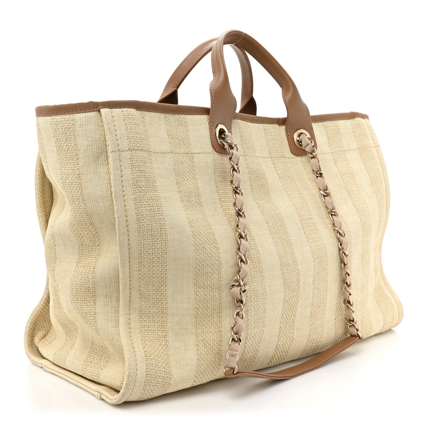 Straw Raffia Calfskin Striped Large Deauville Tote Beige