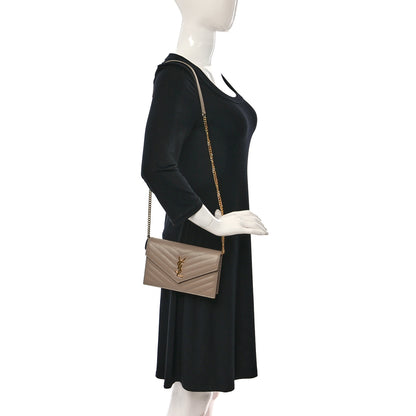 Saint Laurent Grain De Poudre Matelasse Chevron Monogram Envelope Chain Wallet Dark Beige 2 of 9