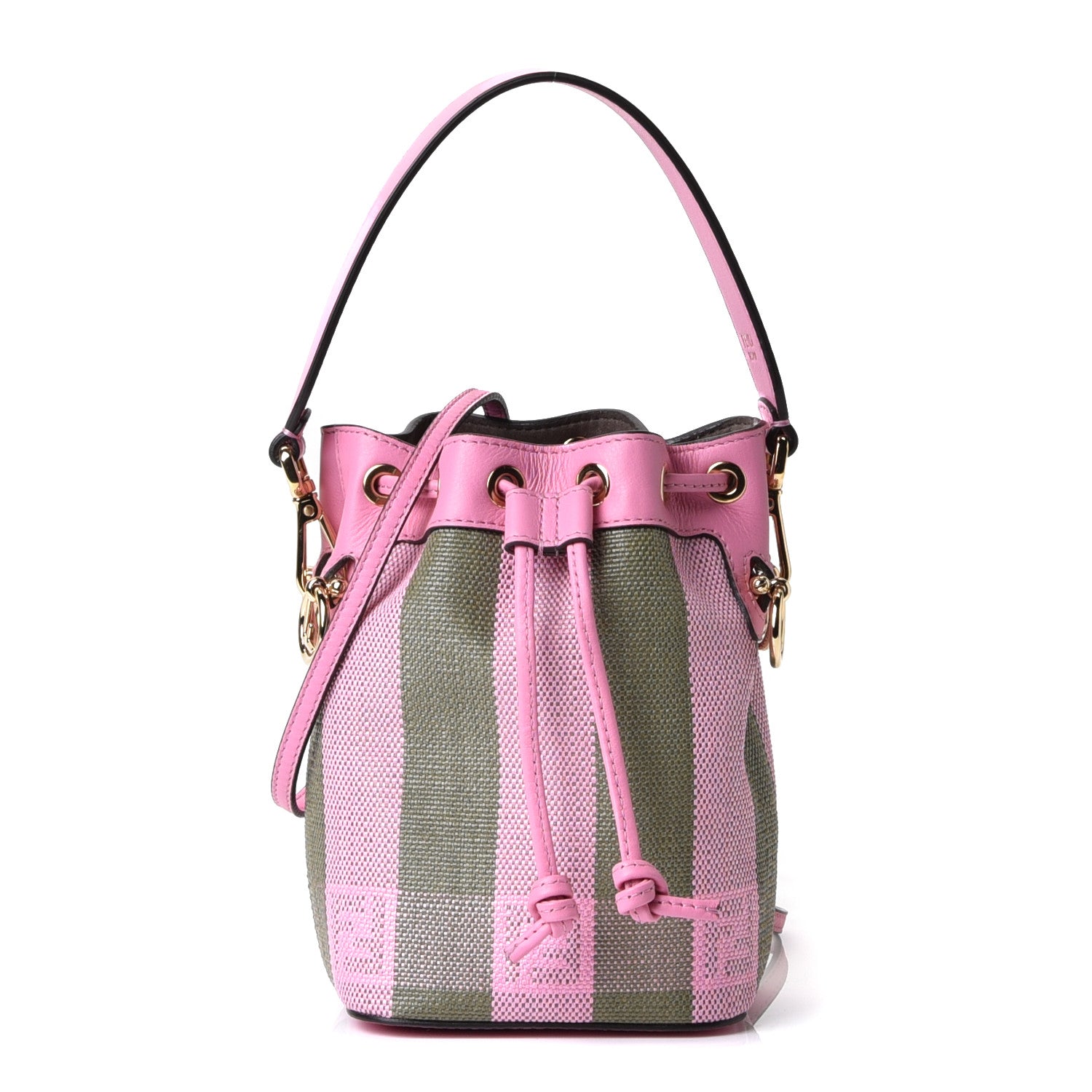 Fendi Raffia Vitello Seta F is Fendi Pequin Gingham Woven Mini Mon Tresor Bucket Bag Military Rosa Lollypop 1 of 10