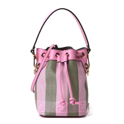 Fendi Raffia Vitello Seta F is Fendi Pequin Gingham Woven Mini Mon Tresor Bucket Bag Military Rosa Lollypop 1 of 10