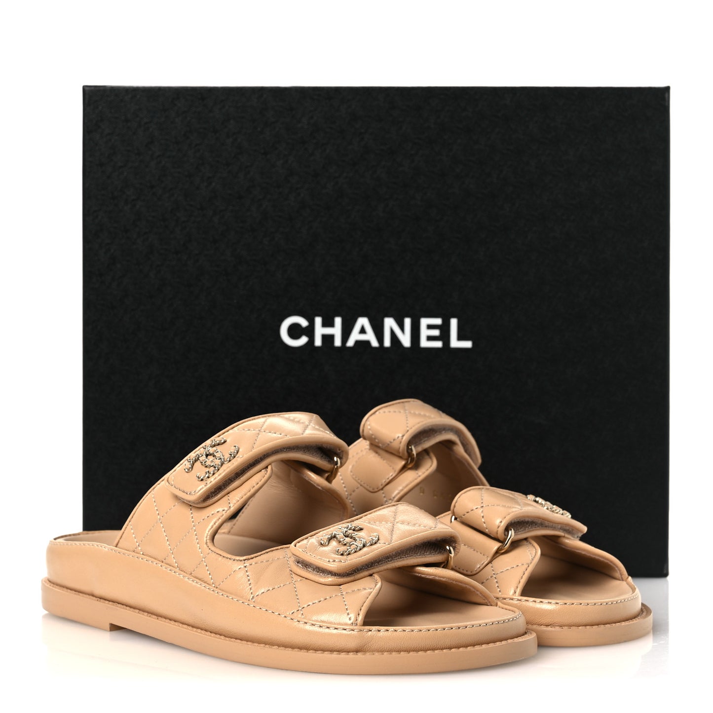 Lambskin Quilted Velcro Dad Chain CC Slide Sandals 37 Beige