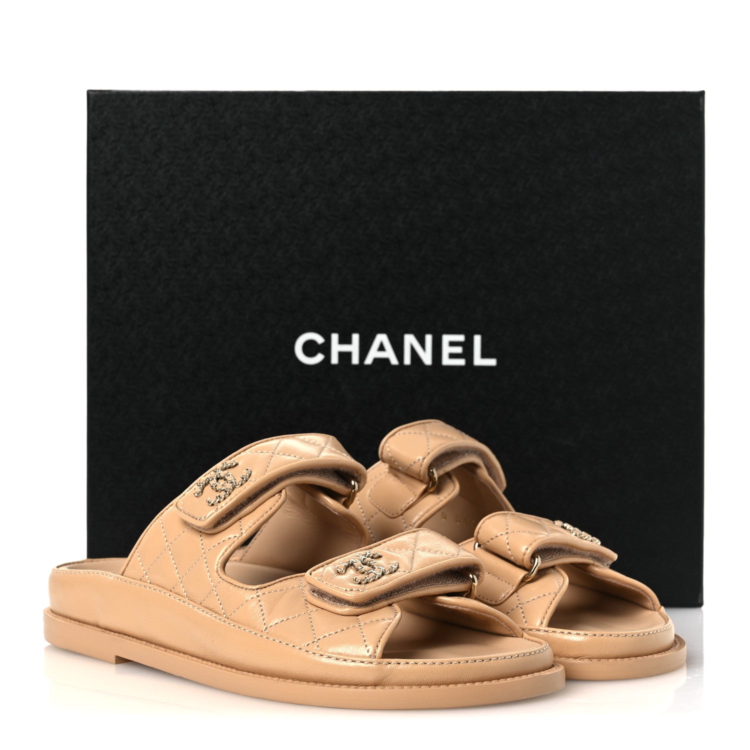 Chanel Lambskin Quilted Velcro Dad Chain CC Slide Sandals 37 Beige 11 of 11