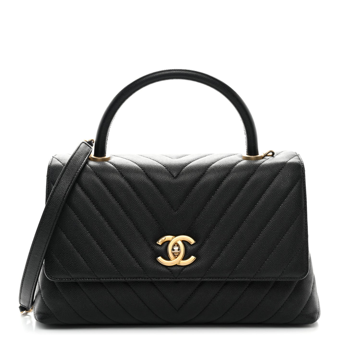 Caviar Chevron Quilted Small Coco Handle Flap Black
