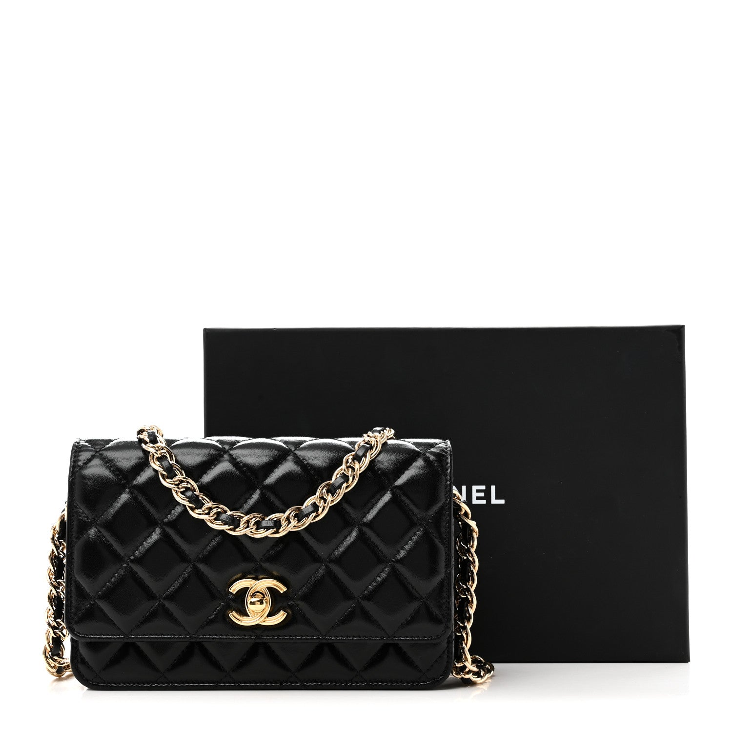 Chanel Shiny Lambskin Quilted Golden Links Wallet On Chain WOC Black 13 of 13