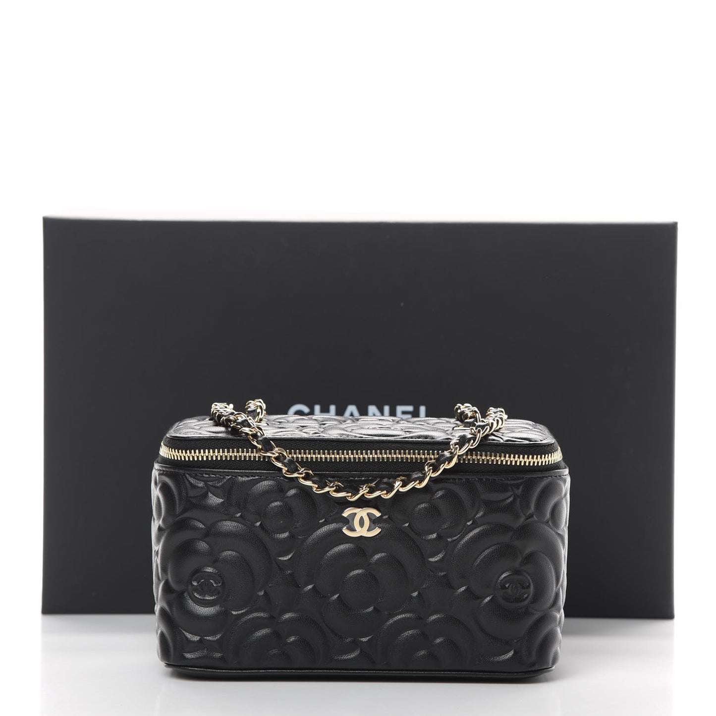 Lambskin Camellia Embossed Small Vanity Case With Chain Black