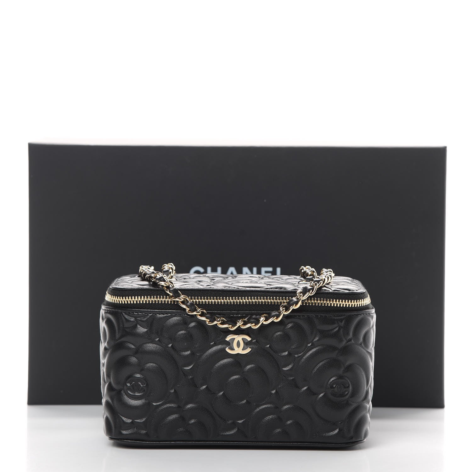 Chanel Lambskin Camellia Embossed Small Vanity Case With Chain Black 11 of 11