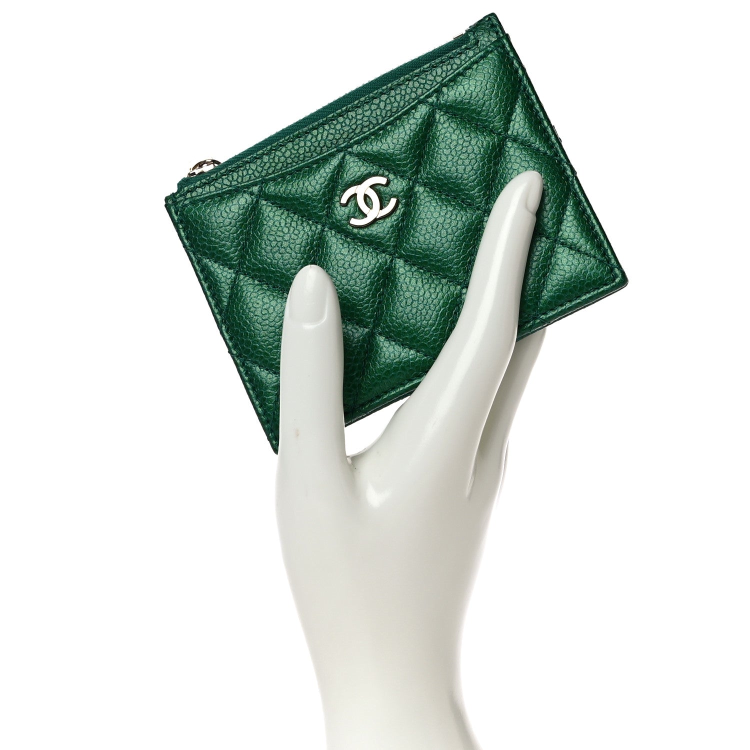 Chanel Metallic Caviar Quilted CC Zip Card Holder Green 2 of 11
