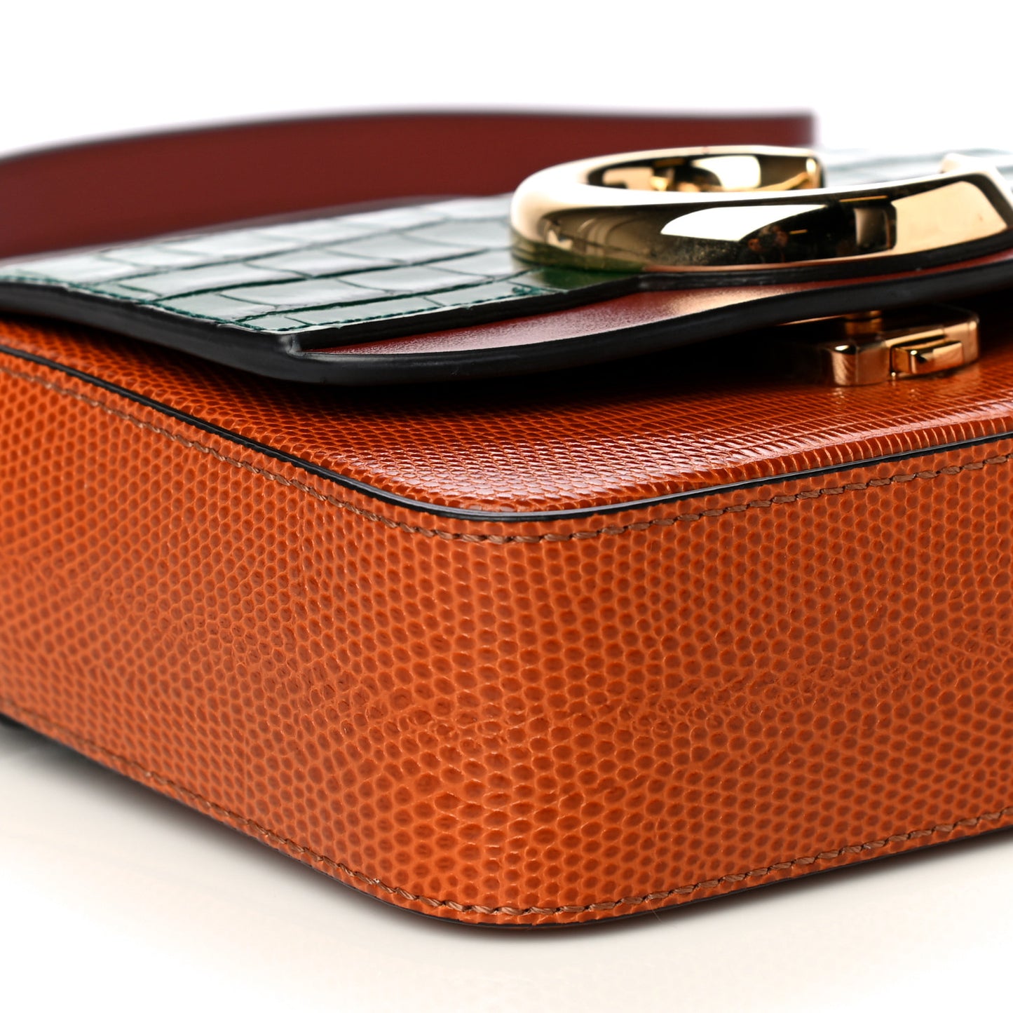 Calfskin Crocodile Embossed Mini C Double Carry Woodsy Green Chestnut Brown