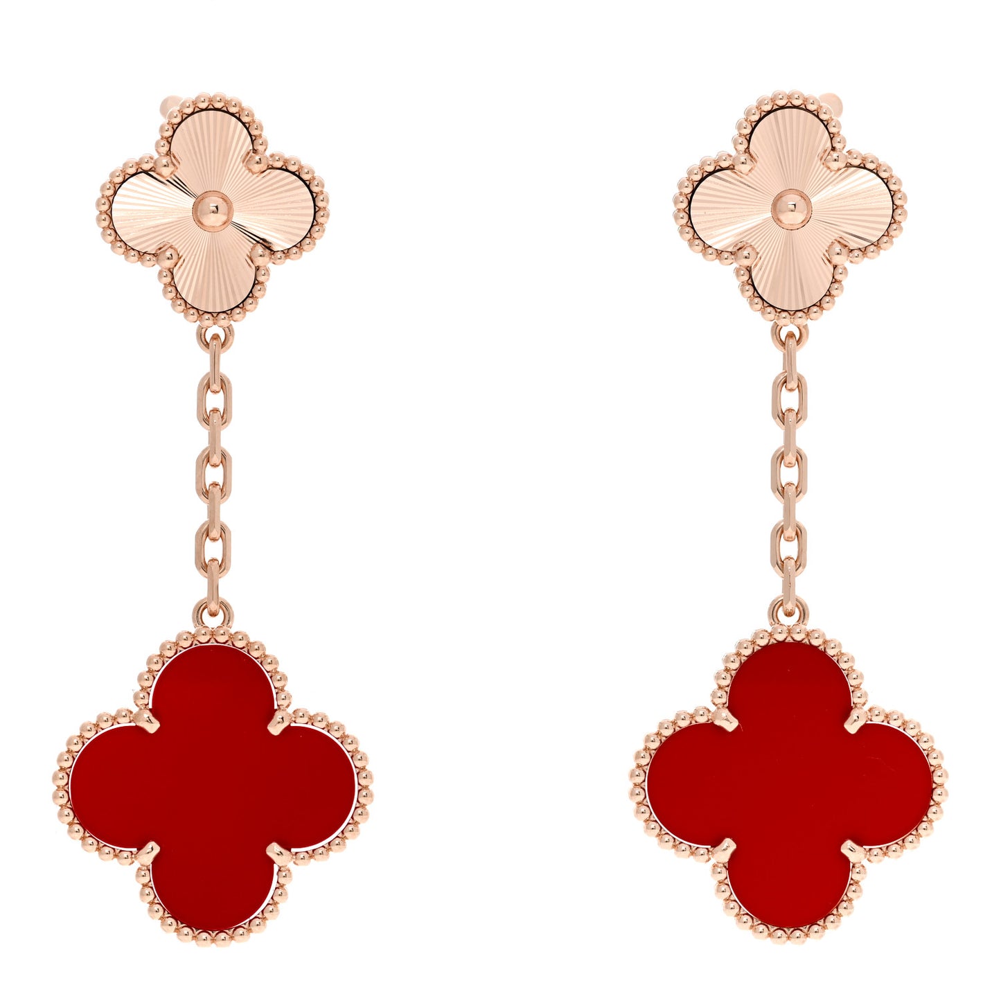 18K Rose Gold Guilloche Carnelian 2 Motifs Magic Alhambra Earrings