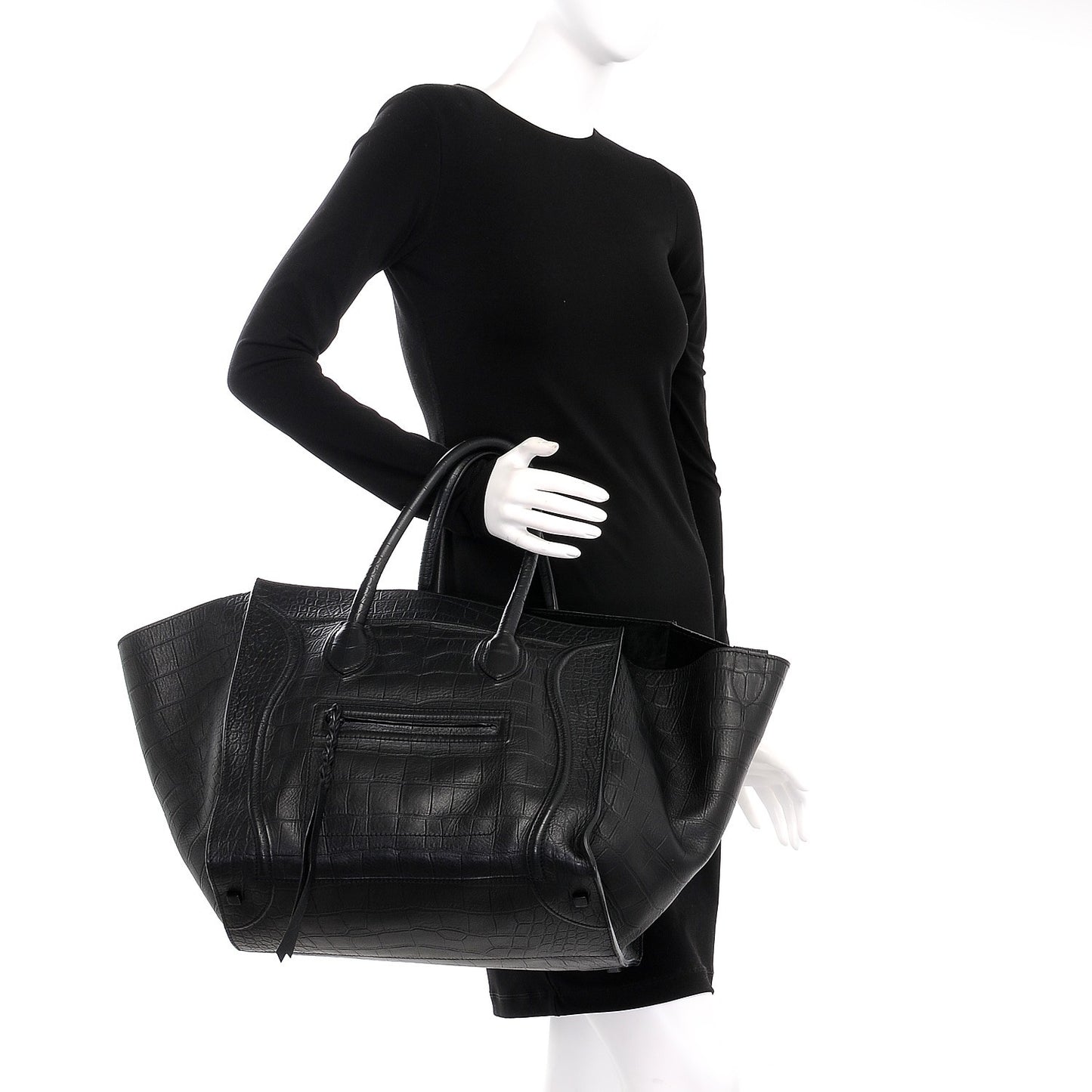 Crocodile Embossed Calfskin Large Phantom Luggage Black