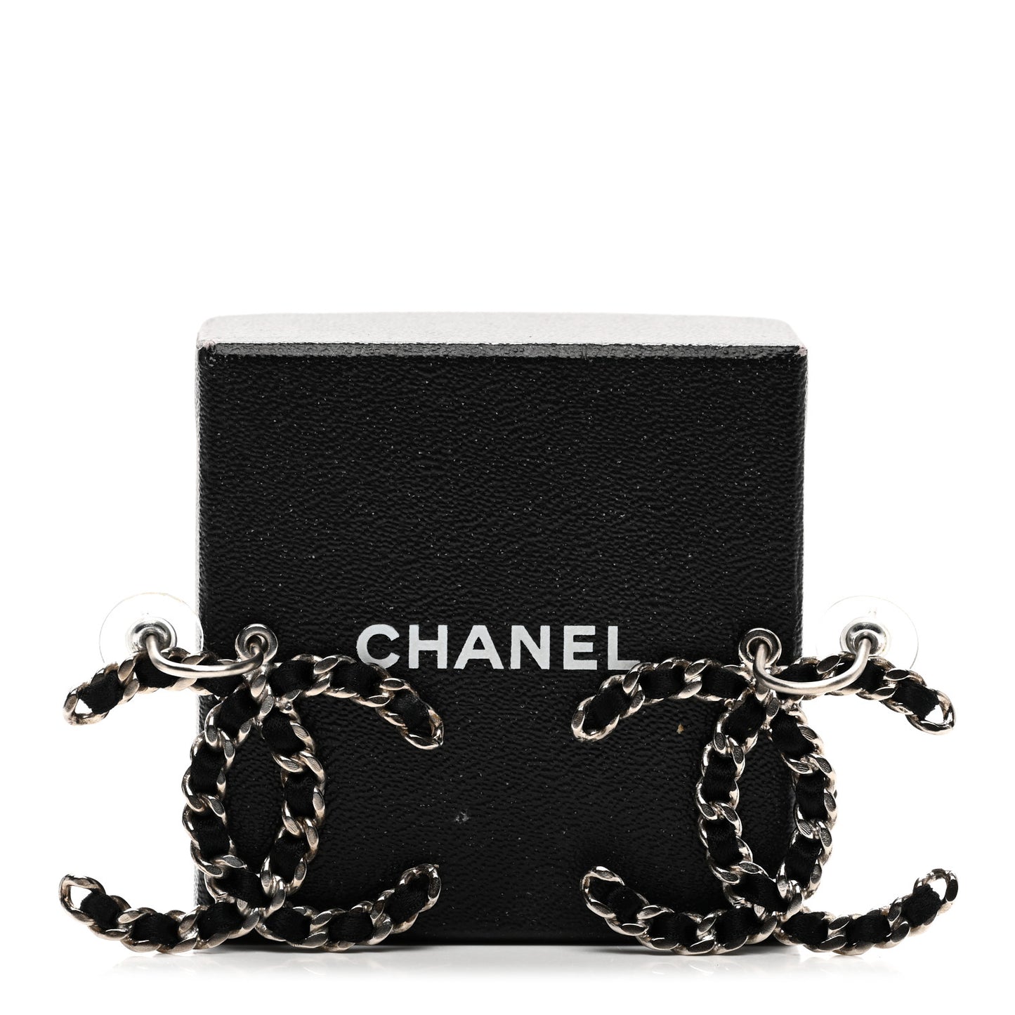 Lambskin CC Chain Drop Earrings Black Silver
