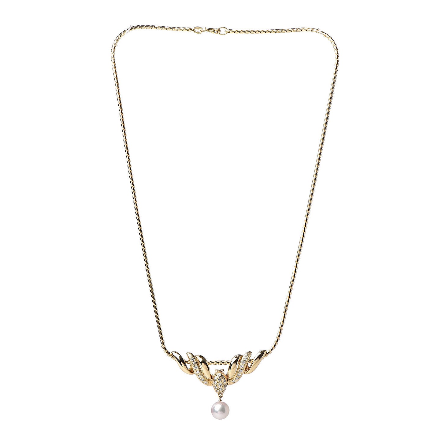 18K Yellow Gold Diamond Akoya Pearl 7.5mm Pendant Necklace