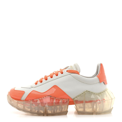 X JK JEONG Calfskin Patent Womens Diamond Low Top Sneaker 35 White Orange