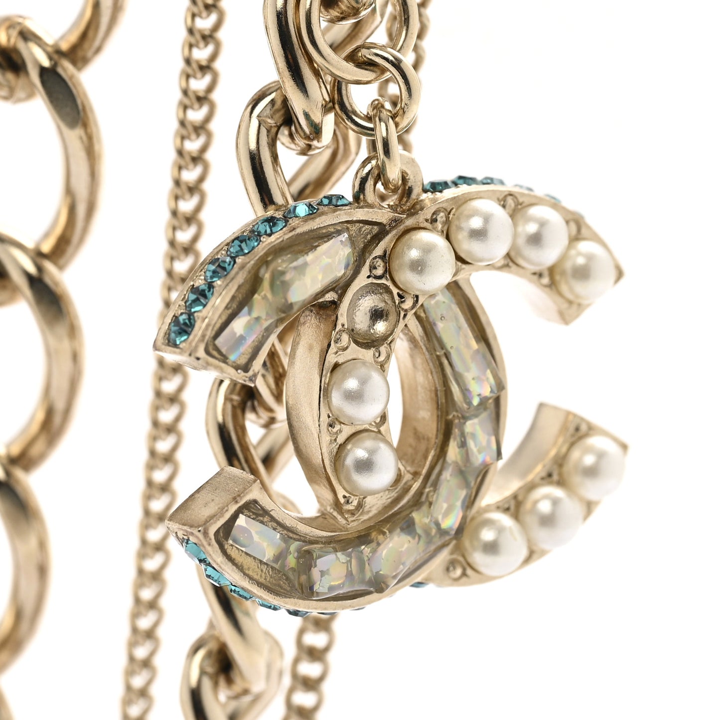 Resin Pearl Crystal Logo Multi Chain Long Express Necklace Gold Multicolor