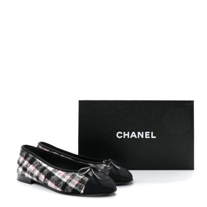 Chanel Alpaca Tweed Grosgrain Cap Toe Ballerina Flats 37.5 Pink Ivory Black 9 of 9