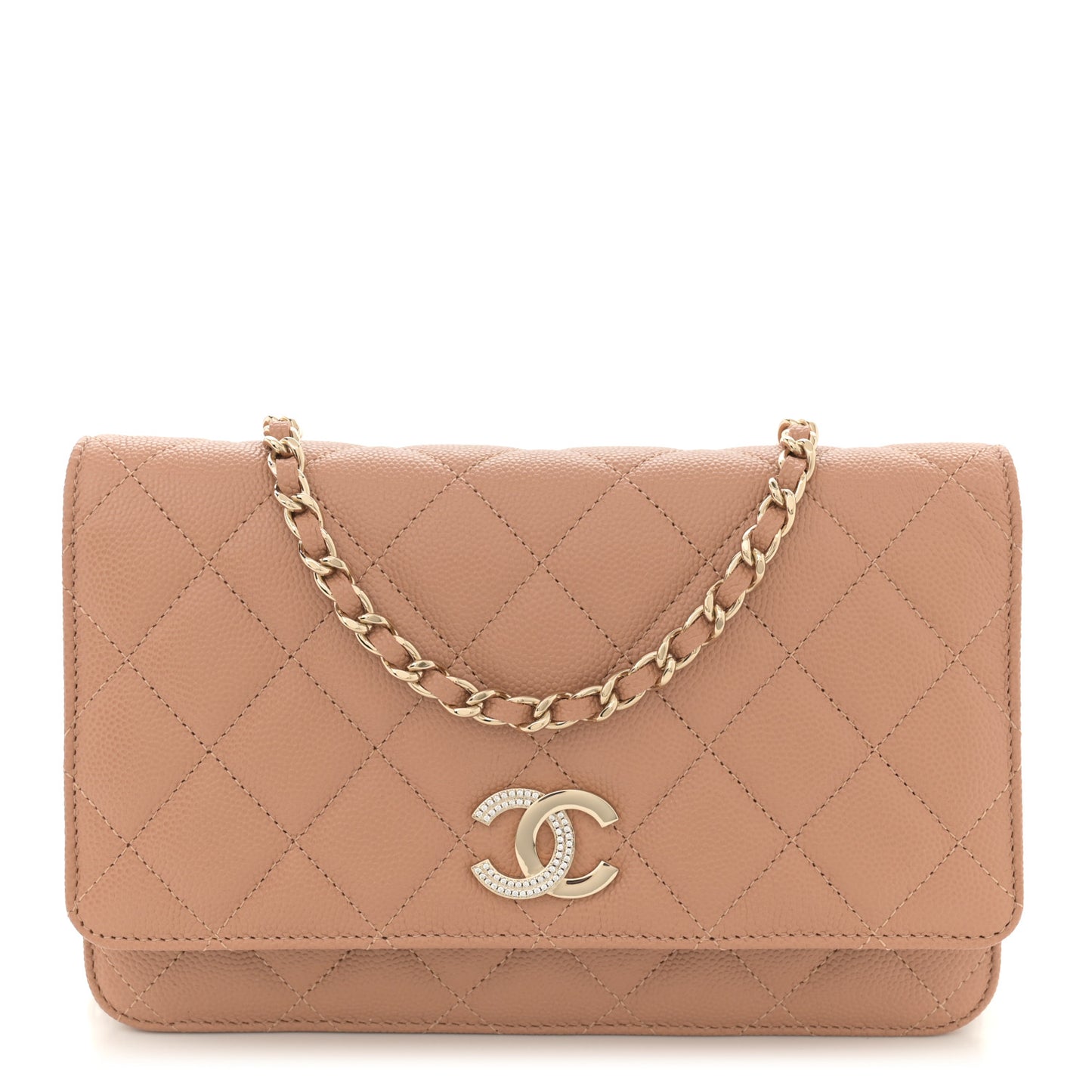 Caviar Quilted Crystal CC Wallet On Chain WOC Beige