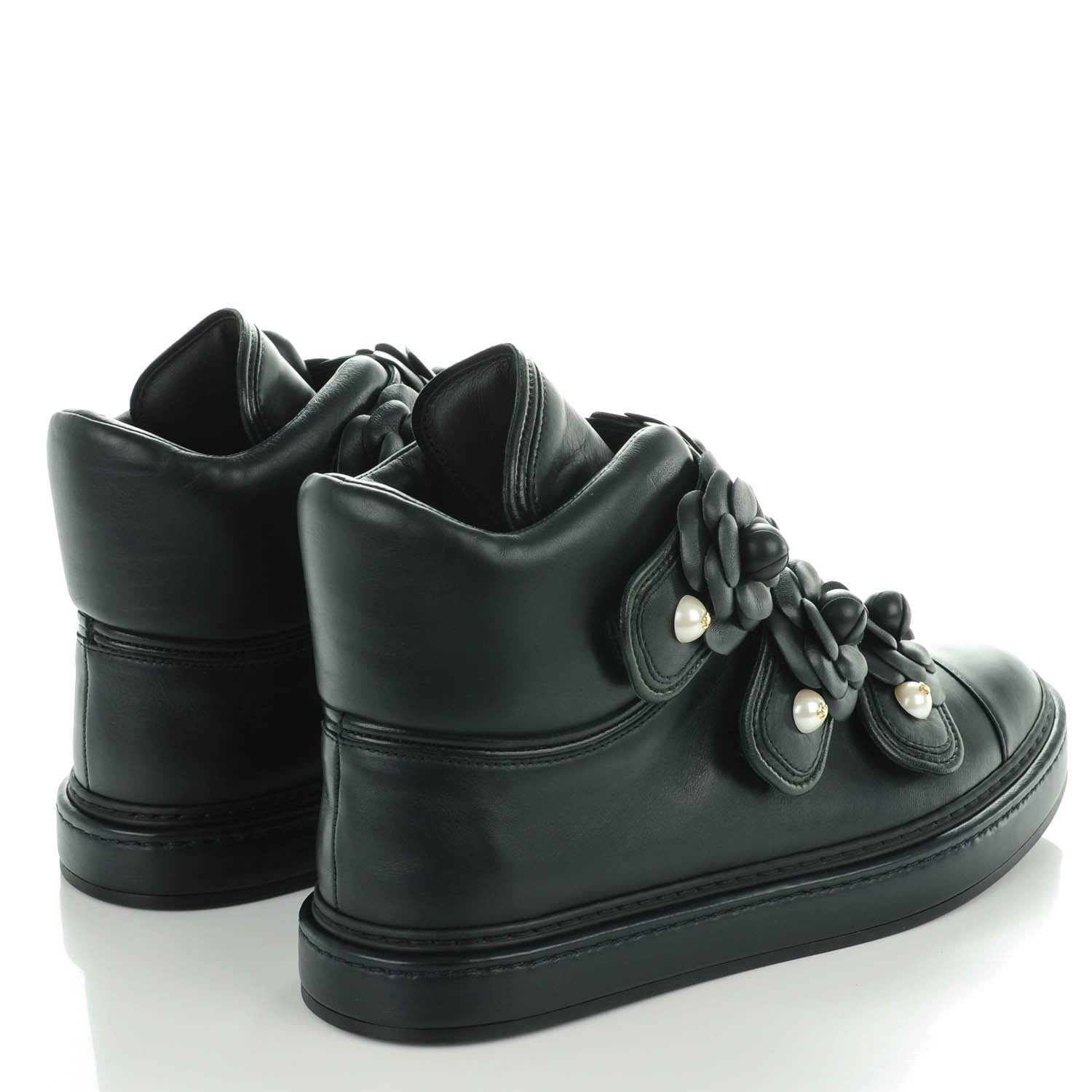 Chanel Calfskin Pearl Camellia High Top Sneakers 38.5 Navy 4 of 8