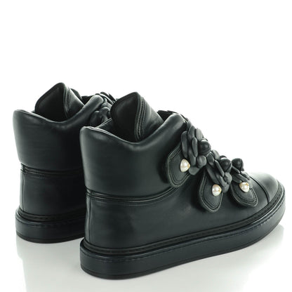 Chanel Calfskin Pearl Camellia High Top Sneakers 38.5 Navy 4 of 8