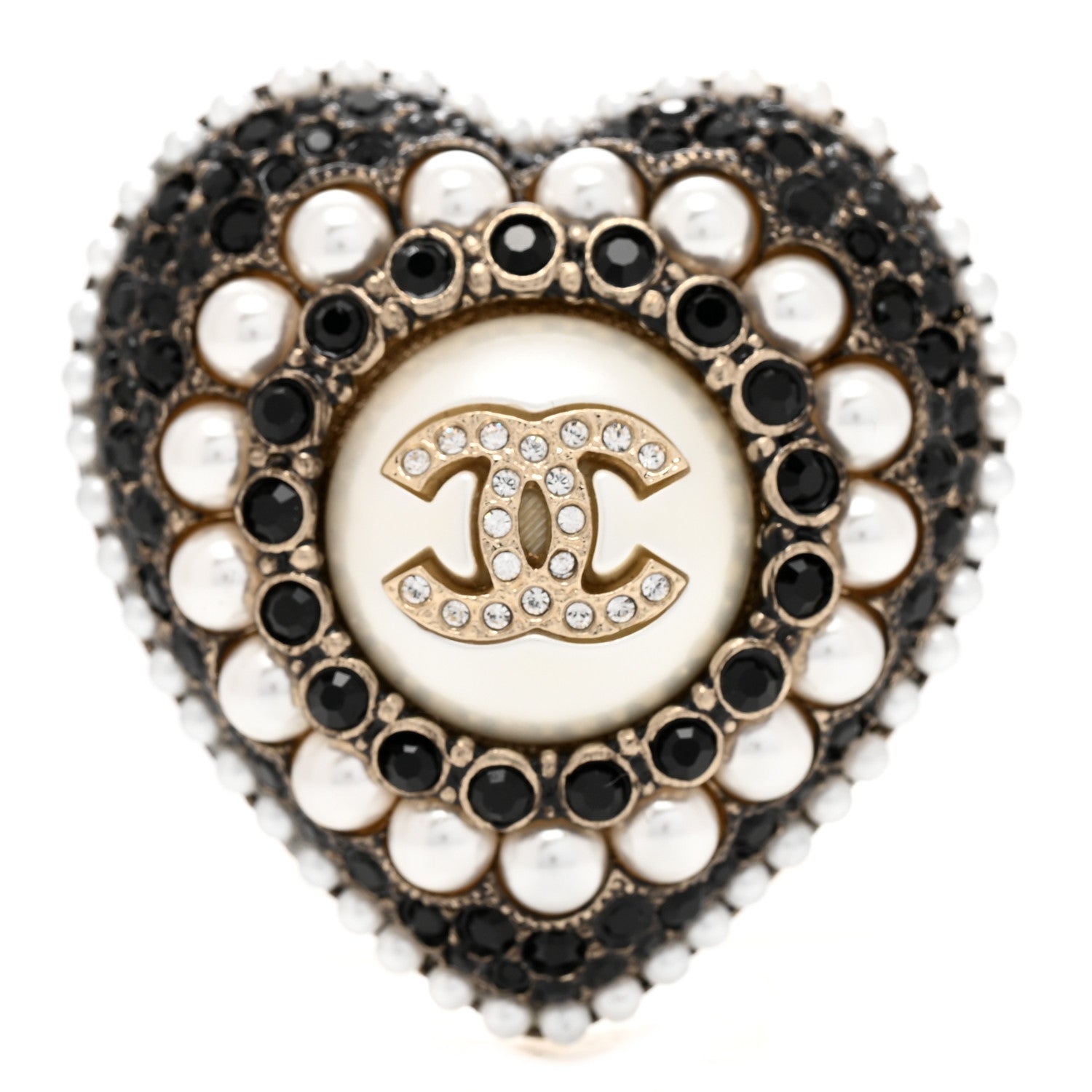 Chanel Crystal Pearl CC Heart Brooch Gold Black White 1 of 5