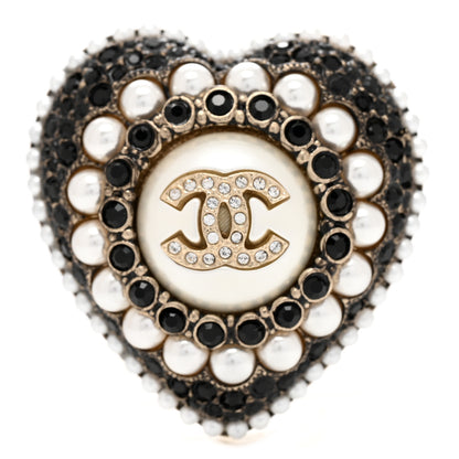 Chanel Crystal Pearl CC Heart Brooch Gold Black White 1 of 5