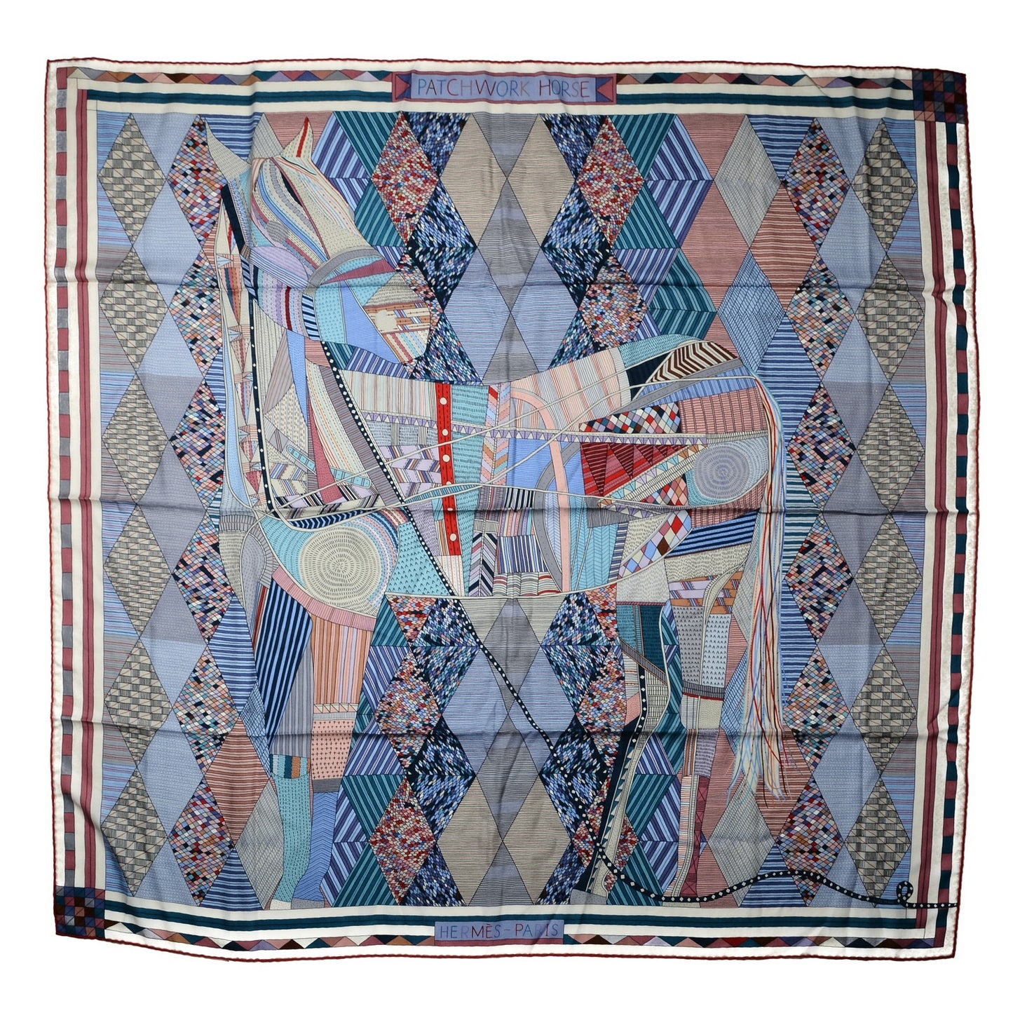 Cashmere Silk Patchwork Horse Shawl 140 Parme Rouge Bleu