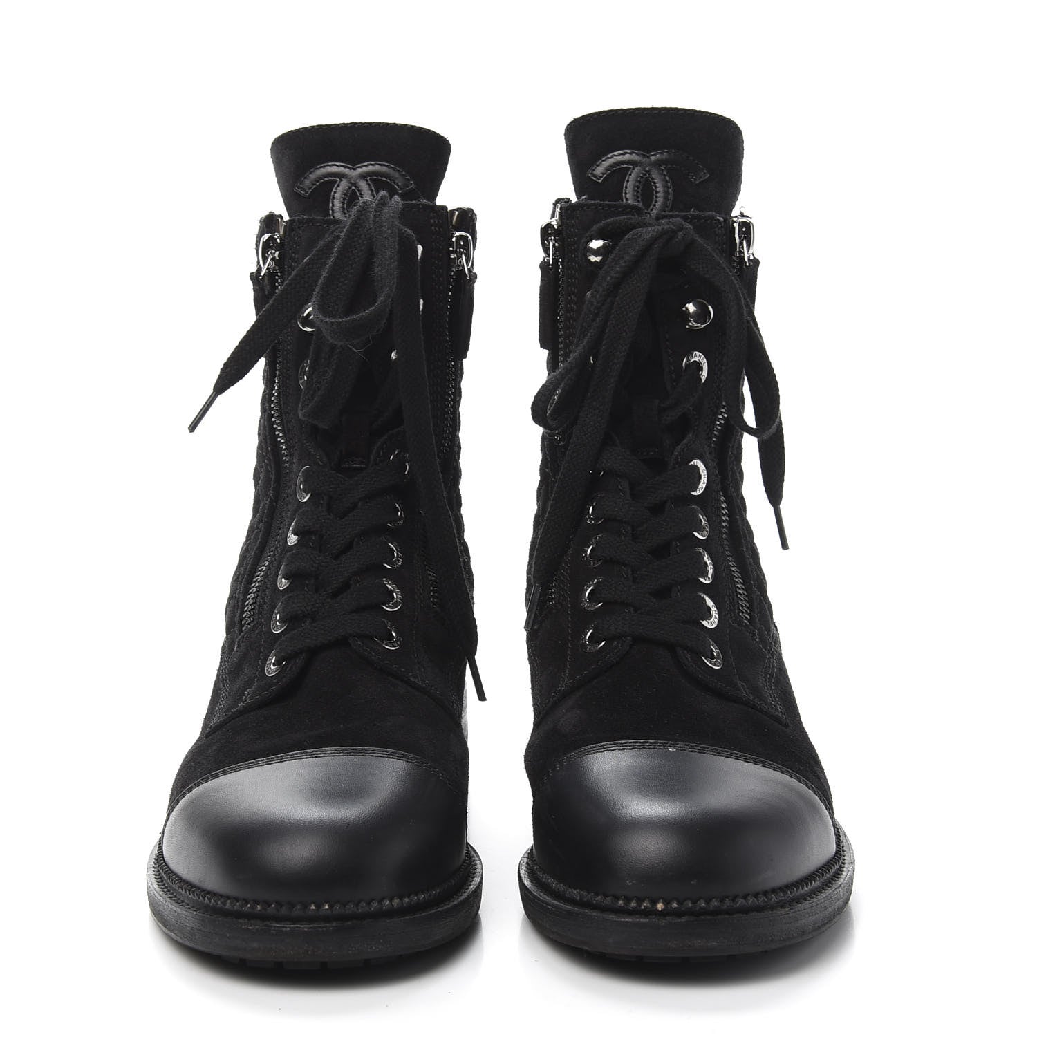 Chanel Suede Quilted CC Lace Up Combat Boots 41 Black 2 of 8