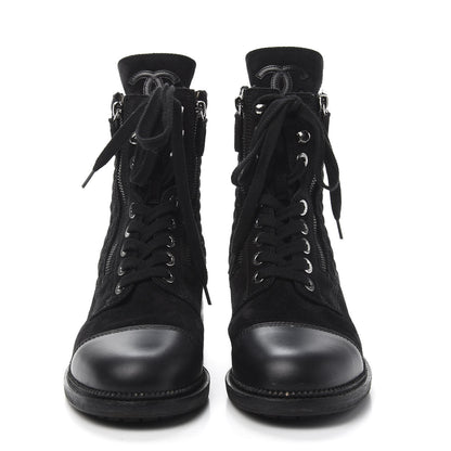 Chanel Suede Quilted CC Lace Up Combat Boots 41 Black 2 of 8