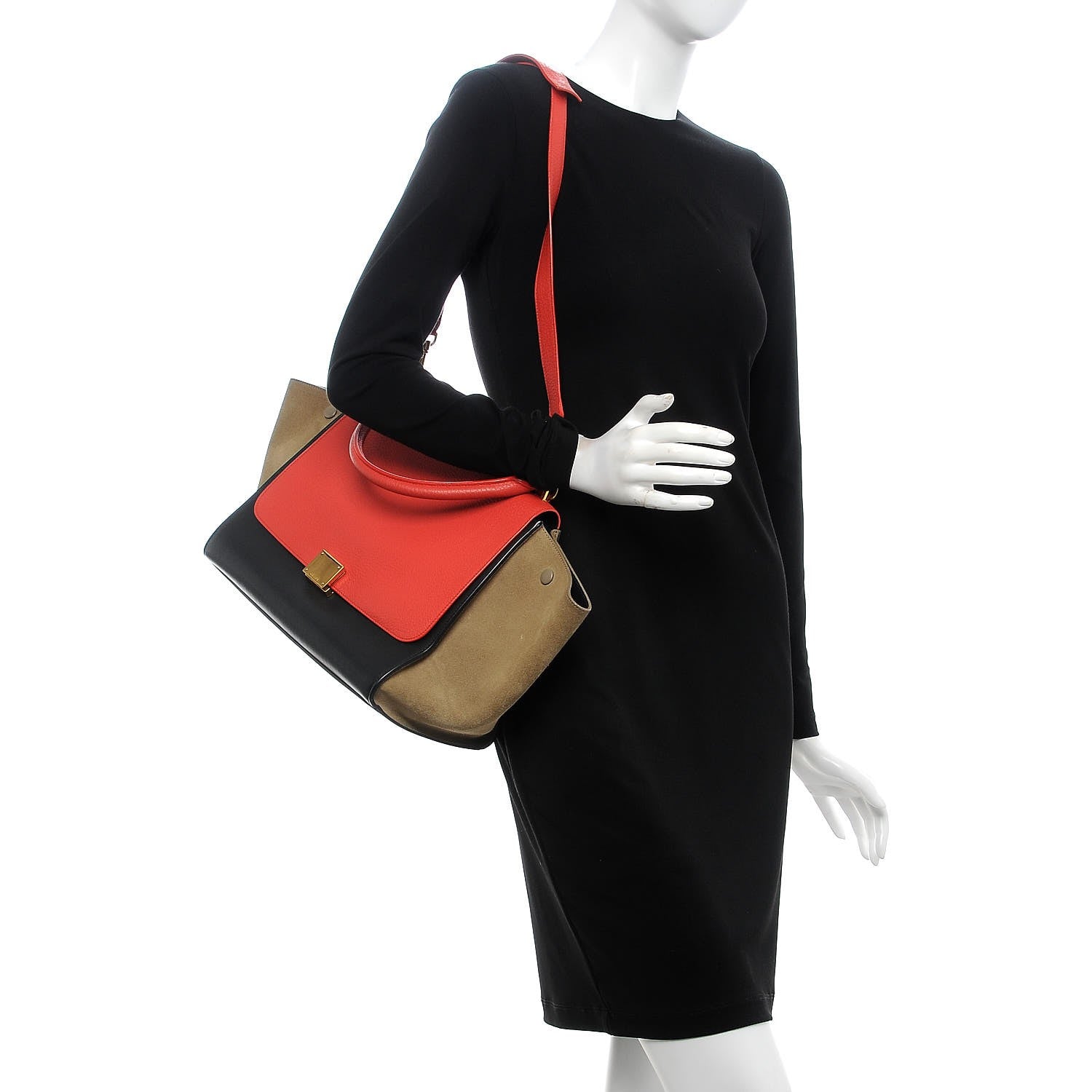 Celine Drummed Calfskin Suede Medium Tri-Color Trapeze Vermillion 2 of 12