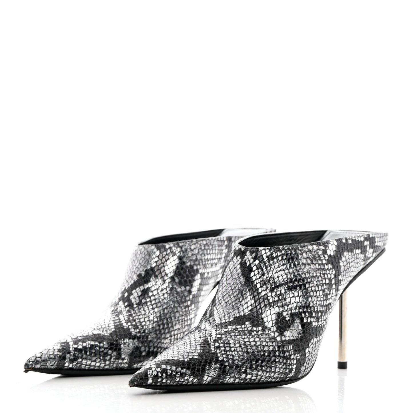 Kidskin Snake Effect Knife Pointy Toe Mule Pumps 37.5 Silver