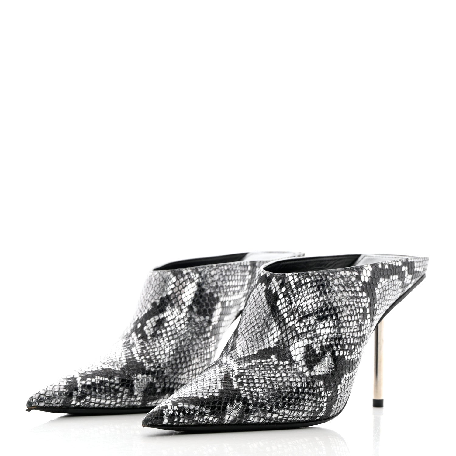 Balenciaga Kidskin Snake Effect Knife Pointy Toe Mule Pumps 37.5 Silver 3 of 12