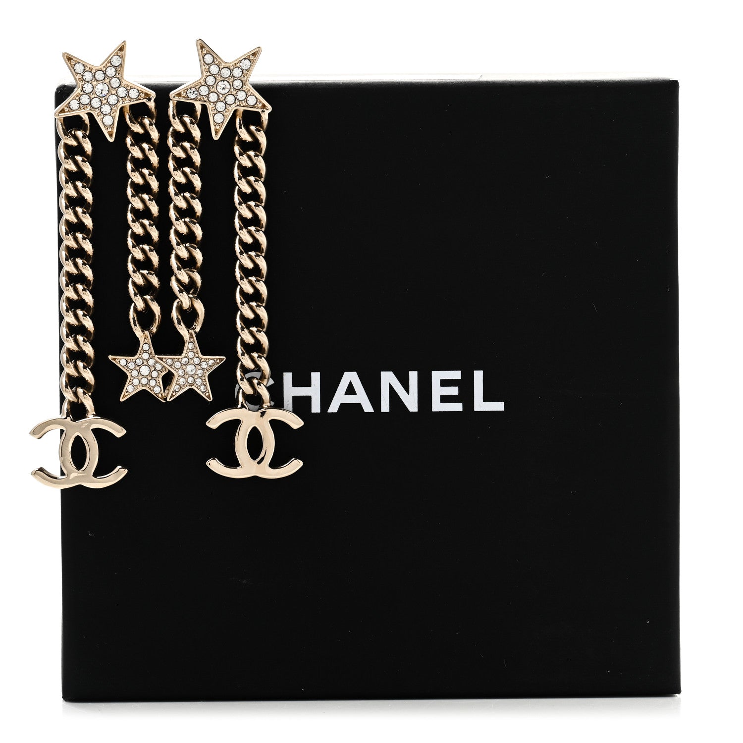 Chanel Crystal CC Star Chain Drop Earrings Gold 5 of 5