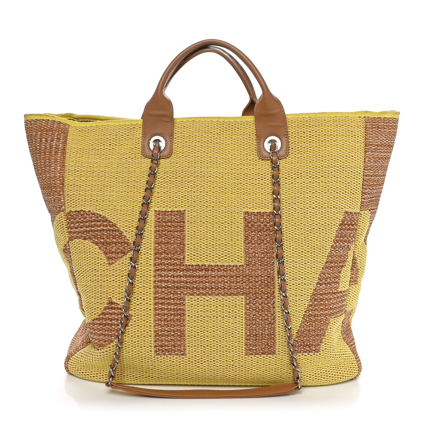 Mixed Fibers Large Shopping Bag Yellow Brown