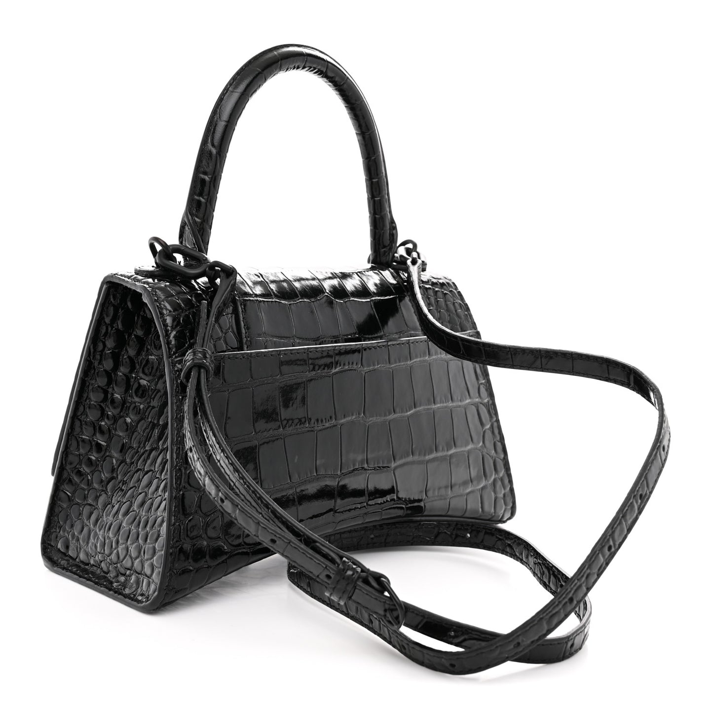 Shiny Calfskin Monochrome Crocodile Embossed Small Hourglass Top Handle Bag Black
